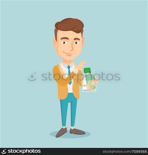 Caucasian business man holding glass jar. Smiling business man saving money banknotes in glass jar. Business man putting money into glass jar. Vector flat design illustration. Square layout.. Man putting dollar money into glass jar.