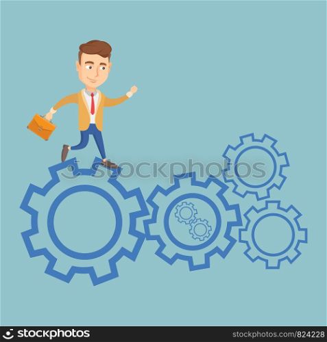 Caucasian business man in suit running on cogwheels. Business man running to success. Business man running in a hurry. Concept of moving to success. Vector flat design illustration. Square layout.. Business man running on cogwheels.