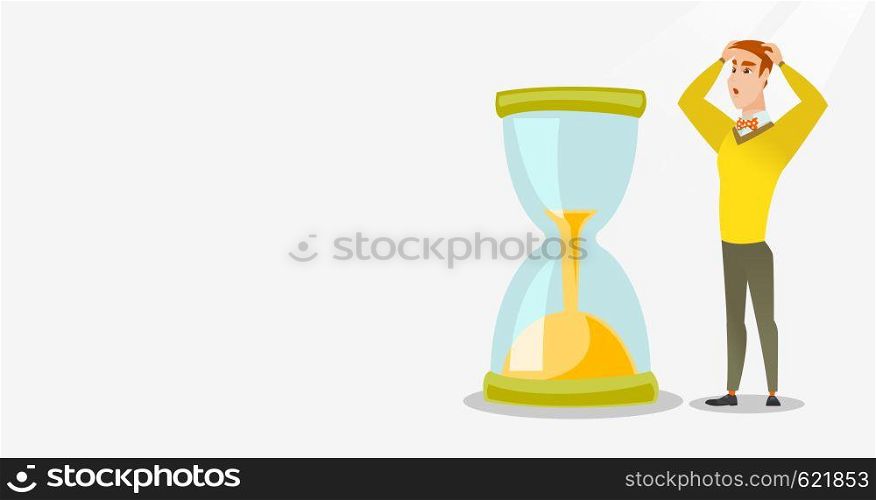 Caucasian business man looking at hourglass symbolizing deadline. Business man worrying about deadline terms. Time management and deadline concept. Vector flat design illustration. Horizontal layout.. Desperate businessman looking at hourglass.