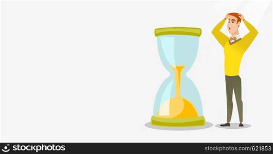 Caucasian business man looking at hourglass symbolizing deadline. Business man worrying about deadline terms. Time management and deadline concept. Vector flat design illustration. Horizontal layout.. Desperate businessman looking at hourglass.