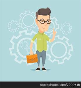 Caucasian business man pointing finger up because he came up with business idea. Businessman having business idea. Successful business idea concept. Vector flat design illustration. Square layout.. Successful business idea vector illustration.