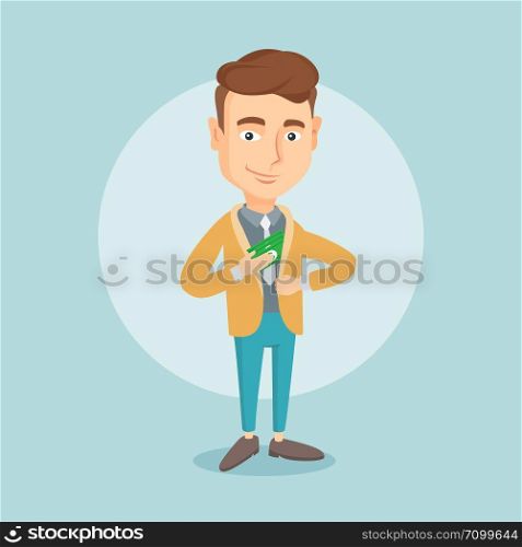 Caucasian business man putting money bribe in his pocket. Young business man hiding money bribe in jacket pocket. Bribery and corruption concept. Vector flat design illustration. Square layout.. Business man putting money bribe in pocket.