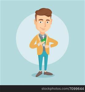 Caucasian business man putting money bribe in his pocket. Young business man hiding money bribe in jacket pocket. Bribery and corruption concept. Vector flat design illustration. Square layout.. Business man putting money bribe in pocket.