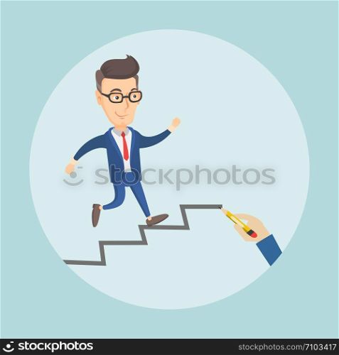 Caucasian business man running up the career ladder drawn by hand. Happy business man climbing the career ladder. Concept of business career. Vector flat design illustration. Square layout.. Business man running up the career ladder.