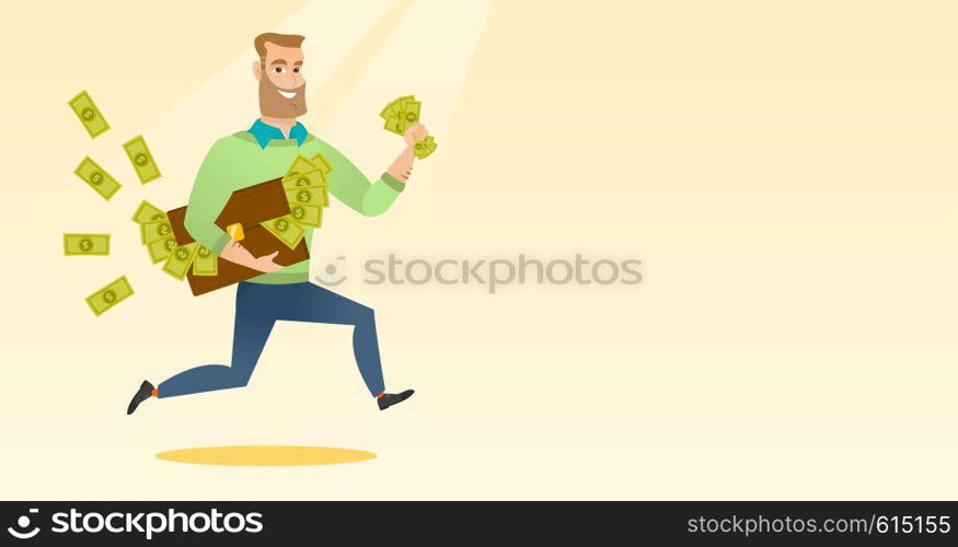 Caucasian business man running with briefcase full of money and committing economic crime. Young business man stealing money. Economic crime concept. Vector flat design illustration. Horizontal layout. Business woman with briefcase full of money.