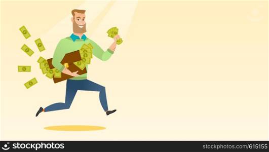 Caucasian business man running with briefcase full of money and committing economic crime. Young business man stealing money. Economic crime concept. Vector flat design illustration. Horizontal layout. Business woman with briefcase full of money.