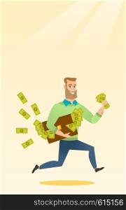 Caucasian business man running with briefcase full of money and committing economic crime. Young business man stealing money. Economic crime concept. Vector flat design illustration. Vertical layout.. Business woman with briefcase full of money.
