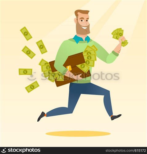 Caucasian business man running with briefcase full of money and committing economic crime. Smiling business man stealing money. Economic crime concept. Vector flat design illustration. Square layout.. Business woman with briefcase full of money.