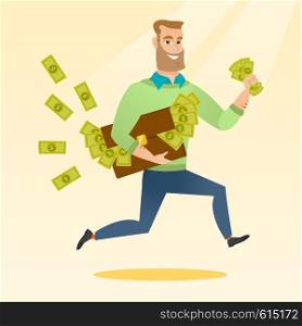 Caucasian business man running with briefcase full of money and committing economic crime. Smiling business man stealing money. Economic crime concept. Vector flat design illustration. Square layout.. Business woman with briefcase full of money.