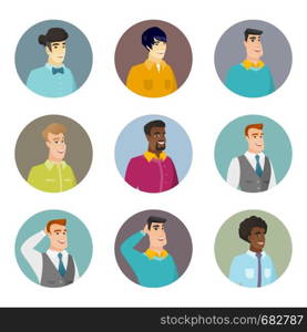 Caucasian business man scratching head. Smiling business man scratching his head. Business man scratching his head. Set of vector flat design illustrations in the circle isolated on white background.. Vector set of business characters in the circle.