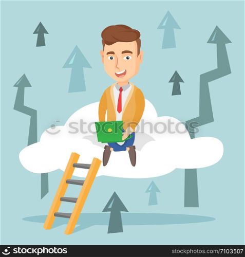 Caucasian business man sitting on a cloud and working on his laptop. Excited business man using cloud computing technology. Cloud computing concept. Vector flat design illustration. Square layout.. Business man sitting on cloud with laptop.