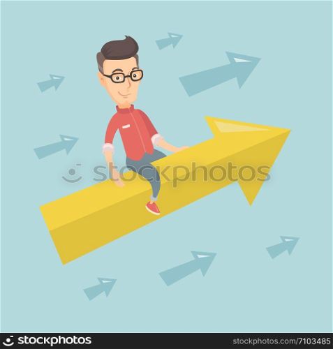 Caucasian business man sitting on arrow going to success. Successful business man flying up on arrow. Concept of moving forward to business success. Vector flat design illustration. Square layout.. Happy business man flying to success.