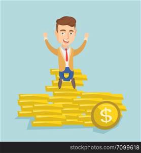 Caucasian business man sitting on stack of golden coins. Cheerful business man sitting on a pile of golden coins. Successful business man on gold coins. Vector flat design illustration. Square layout.. Happy business man sitting on golden coins.
