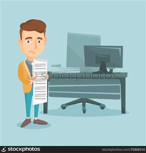 Caucasian business man standing in office with long bill in hands. Disappointed business man holding long bill. upset business man looking at long bill. Vector flat design illustration. Square layout.. Disappointed business man holding long bill.