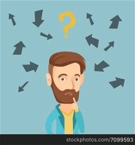 Caucasian business man standing under question mark and arrows. Business man thinking. Thoughtful business man surrounded by question mark and arrows. Vector flat design illustration. Square layout.. Young business man thinking vector illustration.