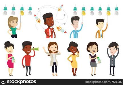 Caucasian business man switching on hanging idea light bulb. Young business man pulling a light switch. Business idea concept. Set of vector flat design illustrations isolated on white background.. Vector set of business characters.