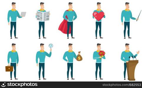 Caucasian business man using laptop. Full length of young business man working on a laptop. Cheerful business man holding laptop. Set of vector flat design illustrations isolated on white background.. Vector set of illustrations with business people.