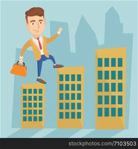 Caucasian business man walking on the roofs of city buildings. Business man walking on the roofs of skyscrapers. Business man walking to the success. Vector flat design illustration. Square layout.. Business man walking on the roofs of buildings.