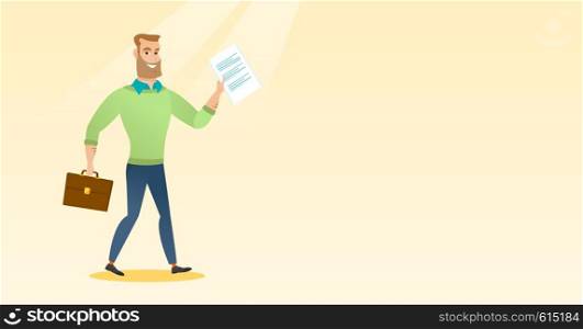 Caucasian business man walking with briefcase and a document. Young happy business man walking in a hurry. Cheerful business man walking to success. Vector flat design illustration. Horizontal layout.. Happy business woman running vector illustration.