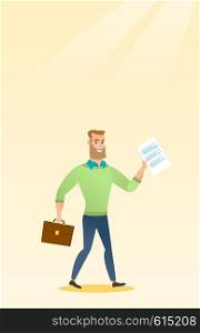 Caucasian business man walking with briefcase and a document. Young happy business man walking in a hurry. Cheerful business man walking to success. Vector flat design illustration. Vertical layout.. Happy business woman running vector illustration.