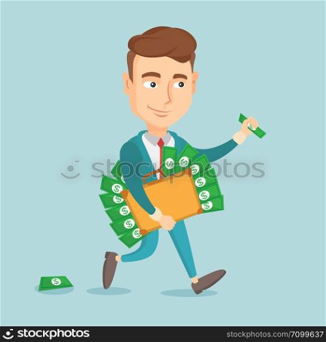 Caucasian business man walking with briefcase full of money and committing economic crime. Business man stealing money. Economic crime concept. Vector flat design illustration. Square layout.. Business man with briefcase full of money.