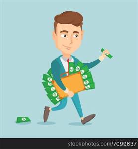 Caucasian business man walking with briefcase full of money and committing economic crime. Business man stealing money. Economic crime concept. Vector flat design illustration. Square layout.. Business man with briefcase full of money.