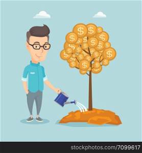 Caucasian business man watering money tree. Young business man investing money in business project. Illustration of investment money in business. Vector flat design illustration. Square layout.. Man watering money tree vector illustration.