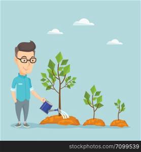 Caucasian business man watering trees of three sizes. Smiling business man watering trees with watering can. Business growth and investment concept. Vector flat design illustration. Square layout.. Business man watering trees vector illustration.