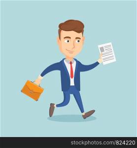 Caucasian business man with briefcase and a document running. Young happy business man running in a hurry. Cheerful business man running forward. Vector flat design illustration. Square layout.. Happy business man running vector illustration.