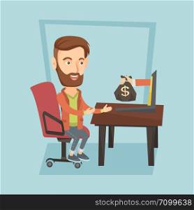 Caucasian business man working in office and bag of money coming out of laptop. Businessman earning money from online business. Online business concept. Vector flat design illustration. Square layout.. Businessman earning money from online business.
