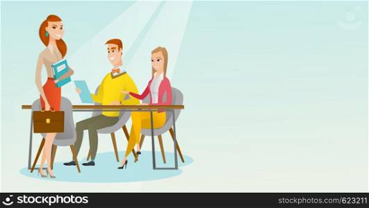 Caucasian business partners working in office. Young business partners discussing documents in office. Business partnership and teamwork concept. Vector flat design illustration. Horizontal layout.. Business partners working in office.