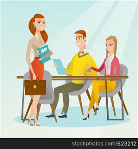 Caucasian business partners working in office. Young business partners discussing legal documents in office. Business partnership and teamwork concept. Vector flat design illustration. Square layout.. Business partners working in office.