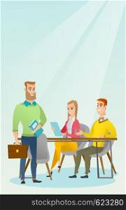 Caucasian business partners working in office. Young business partners discussing legal documents in office. Business partnership and teamwork concept. Vector flat design illustration. Vertical layout. Business partners working in office.