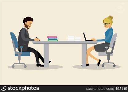 Caucasian business people are sitting at the workplace,office work concept,flat vector illustration