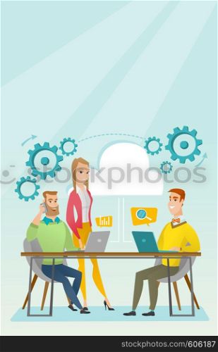 Caucasian business people gathered together in office. Office worker working on a laptop. Office worker talking on mobile phone. Office life concept. Vector flat design illustration. Vertical layout.. People working in office vector illustration.