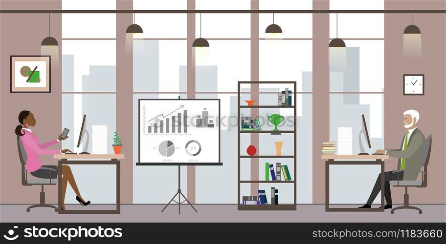 Caucasian Business people in modern office,Cartoon office manager in the workplace,flat vector illustration.. Business people in modern office,Cartoon office manager in the w