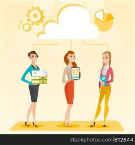 Caucasian business team using cloud computing technologies. Business team standing under cloud. Concept of cloud computing, teamwork and brainstorming. Vector flat design illustration. Square layout.. Business women and cloud computing technologies.