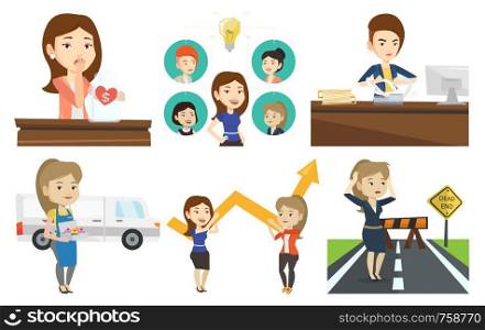 Caucasian business team working on a new idea. Business team discussing idea. Business team connected by one idea light bulb. Set of vector flat design illustrations isolated on white background.. Vector set of business characters.