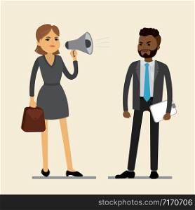 Caucasian Business woman boss shouts at the african american man employee in the megaphone. vector illustration, cartoon vector illustration