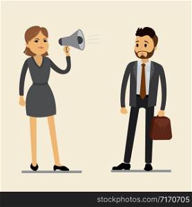 Caucasian Business woman boss shouts at the surprised man employee in the megaphone. vector illustration, cartoon vector illustration