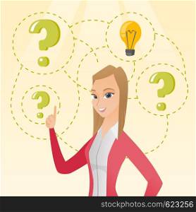 Caucasian business woman came up with a successful idea. Business woman pointing finger up while standing under question marks and idea light bulb. Vector flat design illustration. Square layout.. Businesswoman having business idea.