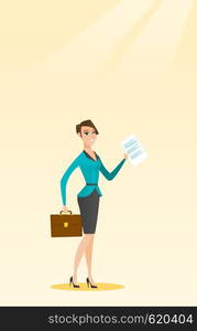 Caucasian business woman carrying a briefcase and showing a document. Full length of young happy business woman with briefcase and a document in hands. Vector flat design illustration. Vertical layout. Happy business woman running vector illustration.