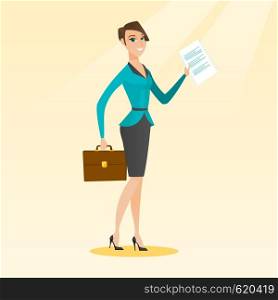 Caucasian business woman carrying a briefcase and showing a document. Full length of young happy business woman with briefcase and a document in hands. Vector flat design illustration. Square layout.. Happy business woman running vector illustration.