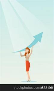 Caucasian business woman changing the path of graph to a positive increase. Business woman holding arrow going up. Business woman with growth graph. Vector flat design illustration. Vertical layout.. Business woman holding arrow going up.