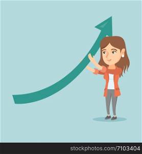Caucasian business woman changing the path of graph to a positive increase. Young successful business woman holding arrow going up. Vector cartoon illustration. Square layout.. Caucasian business woman holding arrow going up.