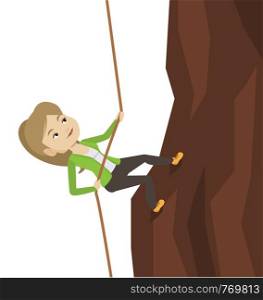 Caucasian business woman climbing on rock. Young brave business woman climbing on the mountain using rope. Concept of business challenge. Vector flat design illustration isolated on white background.. Business woman climbing on the mountain.