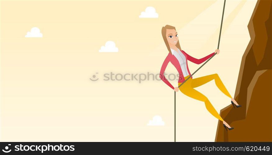 Caucasian business woman climbing on the mountain. Young brave business woman climbing on the mountain using a rope. Concept of business challenge. Vector flat design illustration. Horizontal layout.. Business woman climbing on the mountain.