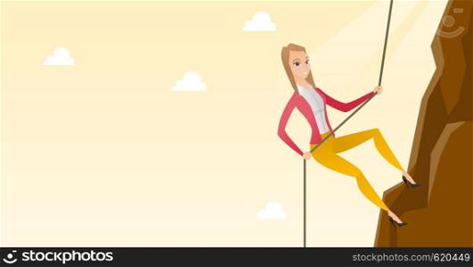 Caucasian business woman climbing on the mountain. Young brave business woman climbing on the mountain using a rope. Concept of business challenge. Vector flat design illustration. Horizontal layout.. Business woman climbing on the mountain.