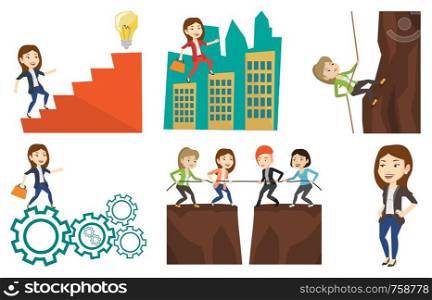 Caucasian business woman climbing on the rock. Business woman climbing on the mountain using rope. Concept of business challenge. Set of vector flat design illustrations isolated on white background.. Vector set of business characters.