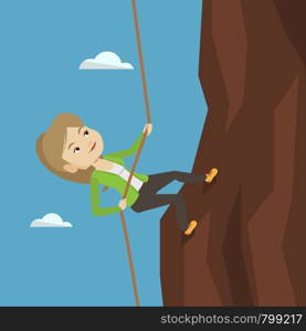 Caucasian business woman climbing on the rock. Young brave business woman climbing on the mountain using rope. Concept of business challenge. Vector flat design illustration. Square layout.. Business woman climbing on the mountain.